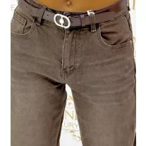   Barna magas derekú női farmernadrág – koptatott mom jeans övvel "BS1226-60" - XS