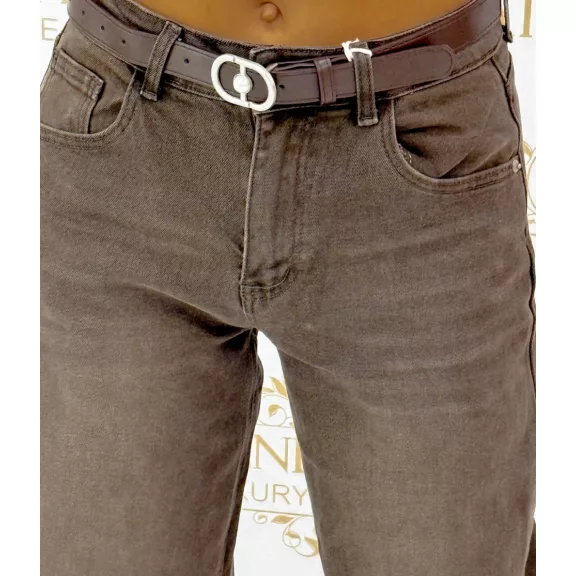 Barna magas derekú női farmernadrág – koptatott mom jeans övvel "BS1226-60" - XS