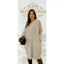   V-nyakú laza fazonú kötött női ruha – Oversize denevérujjú tunikaruha - fangó