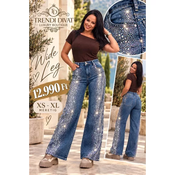 Strasszköves bő szárú női farmernadrág – Kék wide leg fit farmer "RE3539" - M Strasszköves bő szárú női farmernadrág – Kék wide leg fit farmer "RE3539" - M