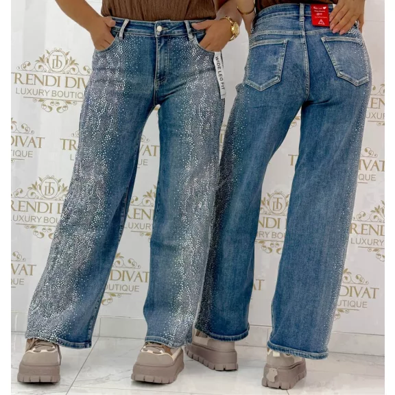 Strasszköves bő szárú női farmernadrág – Kék wide leg fit farmer "RE3539" - M Strasszköves bő szárú női farmernadrág – Kék wide leg fit farmer "RE3539" - M