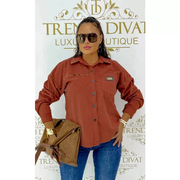 Szegecses női kordbársony ingkabát – Lezser gombos kord ing - Téglavörös