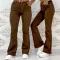 Barna magas derekú női trapéz farmernadrág – elegáns bootcut nadrág övvel "J3215-60" - XS