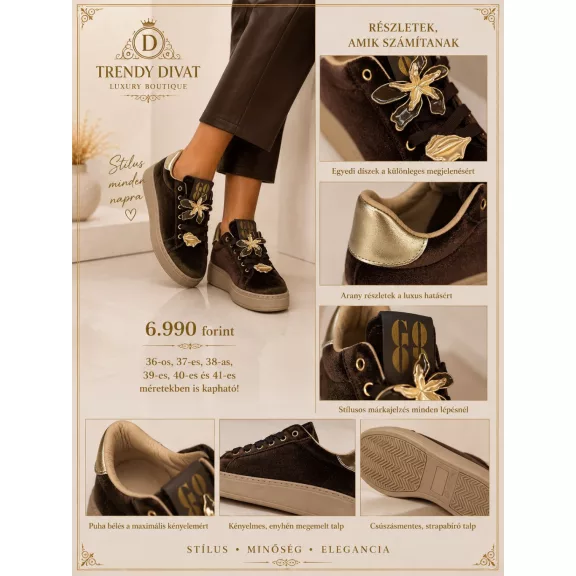 Arany színű virág díszes bársony női sneaker – Csoki platform cipő - 38 Arany színű virág díszes bársony női sneaker – Csoki platform cipő - 38