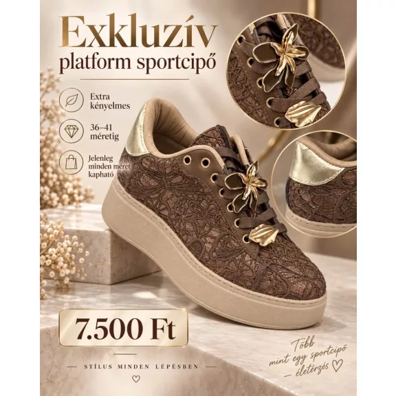 Csipke mintás platform cipő arany színű levehető díszekkel - Csokoládébarna - 36