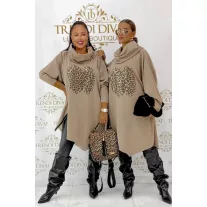   Leopárdmintás strasszos női oversize sálgalléros tunika - Camel barna