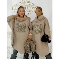   Leopárdmintás strasszos női oversize sálgalléros tunika - Camel barna