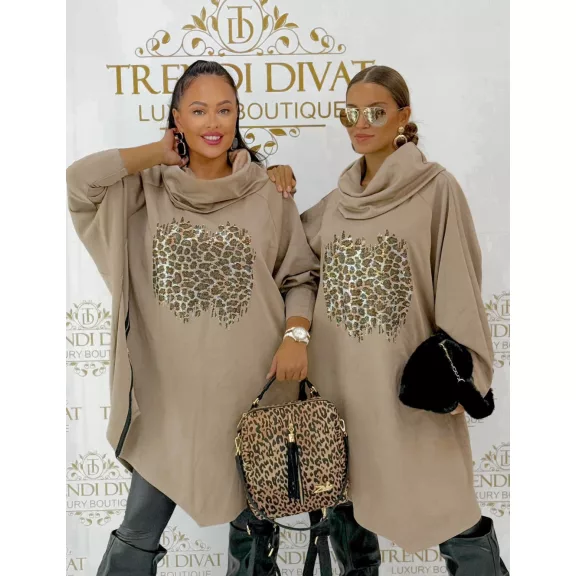 Leopárdmintás strasszos női oversize sálgalléros tunika - Camel barna Leopárdmintás strasszos női oversize sálgalléros tunika - Camel barna