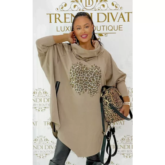 Leopárdmintás strasszos női oversize sálgalléros tunika - Camel barna Leopárdmintás strasszos női oversize sálgalléros tunika - Camel barna