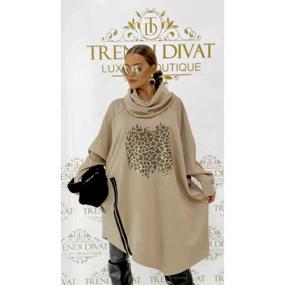 Leopárdmintás strasszos női oversize sálgalléros tunika - Camel barna Leopárdmintás strasszos női oversize sálgalléros tunika - Camel barna
