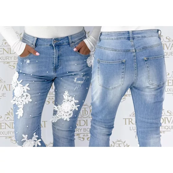 Special lace floral boyfriend jeans decorated with pearls - L Special lace floral boyfriend jeans decorated with pearls - L