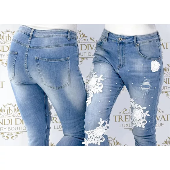 Special lace floral boyfriend jeans decorated with pearls - L Special lace floral boyfriend jeans decorated with pearls - L