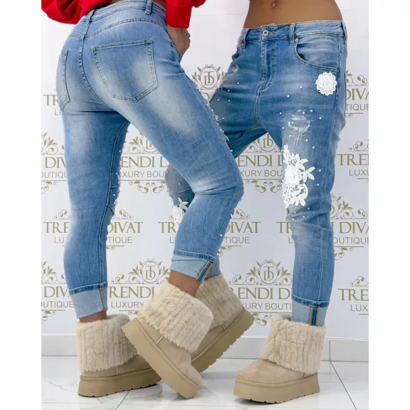 Special lace floral boyfriend jeans decorated with pearls - L Special lace floral boyfriend jeans decorated with pearls - L