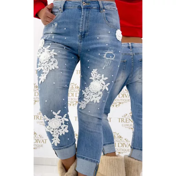 Special lace floral boyfriend jeans decorated with pearls - L Special lace floral boyfriend jeans decorated with pearls - L