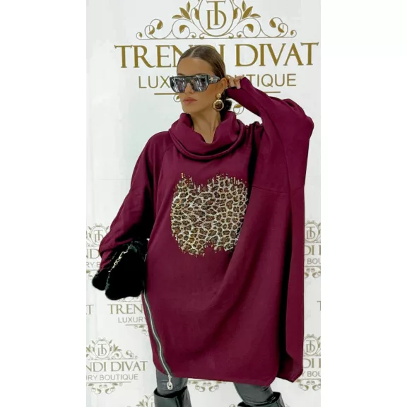 Leopárdmintás strasszos női oversize sálgalléros tunika - Bordó Leopárdmintás strasszos női oversize sálgalléros tunika - Bordó