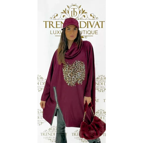 Leopárdmintás strasszos női oversize sálgalléros tunika - Bordó Leopárdmintás strasszos női oversize sálgalléros tunika - Bordó