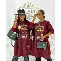   Párduc alapon feliratos, nyaka megkötős - kis zsebes tunika - Bordó