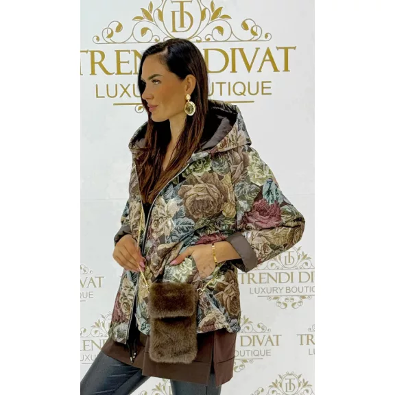 Oversize virágmintás női kabát kapucnival - Divatos átmeneti dzseki - Csokoládébarna Oversize virágmintás női kabát kapucnival - Divatos átmeneti dzseki - Csokoládébarna