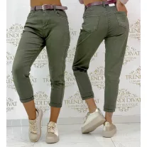   Magas derekú női mom fit farmernadrág, ajándék övvel "BF5796-53" - Keki zöld - XS