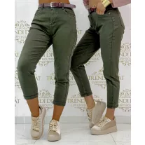   Magas derekú női mom fit farmernadrág, ajándék övvel "BF5796-53" - Keki zöld - XS