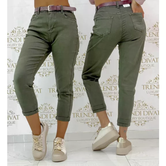 Magas derekú női mom fit farmernadrág, ajándék övvel "BF5796-53" - Keki zöld - XS