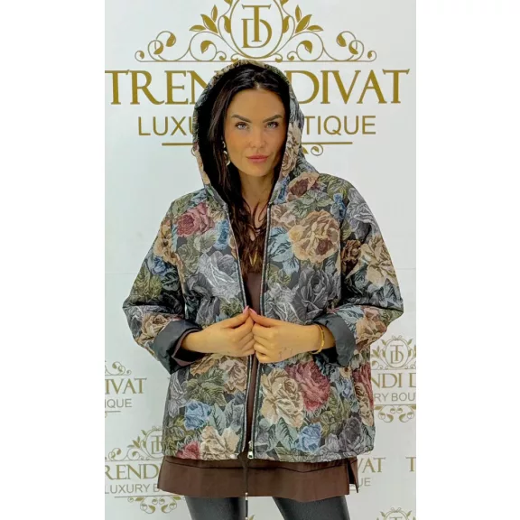 Oversize virágmintás női kabát kapucnival - Divatos átmeneti dzseki - Sötétkék Oversize virágmintás női kabát kapucnival - Divatos átmeneti dzseki - Sötétkék