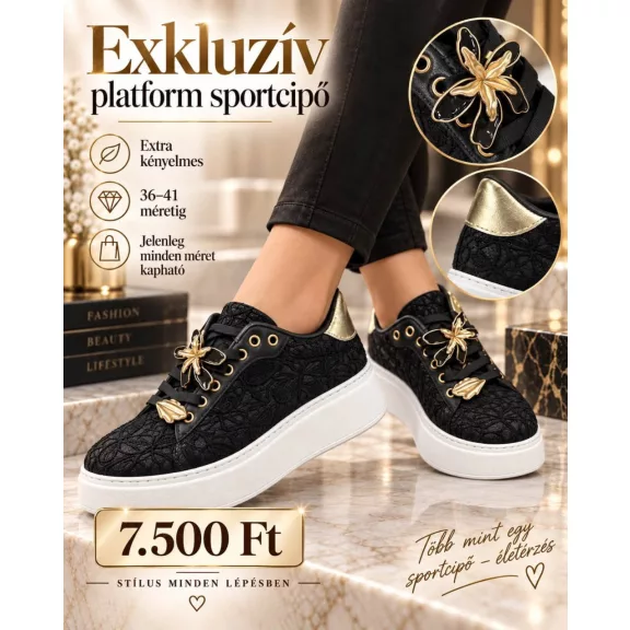 Csipke mintás platform cipő arany színű levehető díszekkel - Fekete - 36 Csipke mintás platform cipő arany színű levehető díszekkel - Fekete - 36