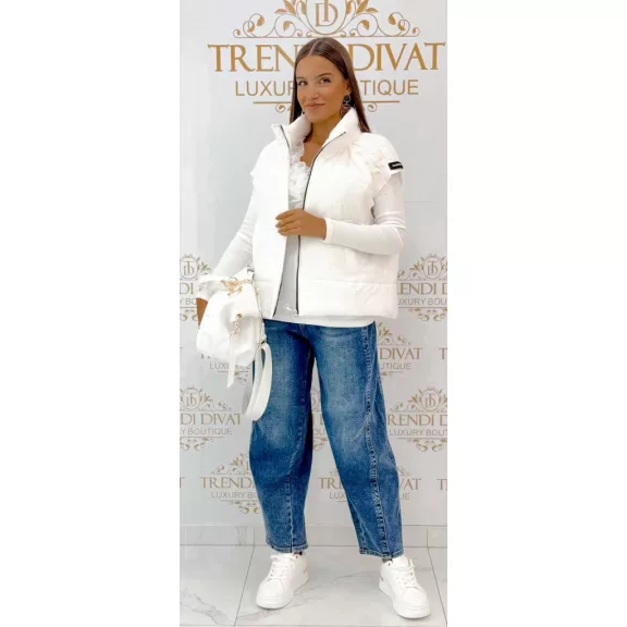 Plus size, kötött ujjú női pufi mellény állógallérral - Steppelt átmeneti felsőruházat "1615" - Fehér Plus size, kötött ujjú női pufi mellény állógallérral - Steppelt átmeneti felsőruházat "1615" - Fehér