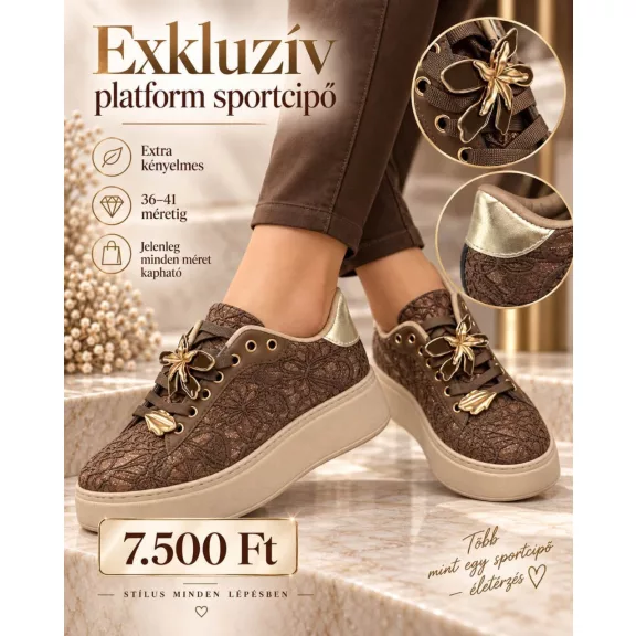 Csipke mintás platform cipő arany színű levehető díszekkel - Csokoládébarna - 39 Csipke mintás platform cipő arany színű levehető díszekkel - Csokoládébarna - 39