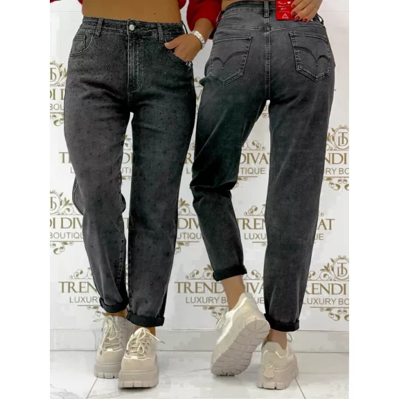 Strasszköves női mom fit farmernadrág - Koptatott fekete "RE3578" - 29 Strasszköves női mom fit farmernadrág - Koptatott fekete "RE3578" - 29