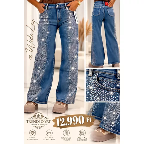 Strasszköves bő szárú női farmernadrág – Kék wide leg fit farmer "RE3539" - S Strasszköves bő szárú női farmernadrág – Kék wide leg fit farmer "RE3539" - S