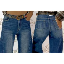  Magas derekú lezser női farmer nadrág – koptatott kék loose fit fazonú nadrág övvl "Q1356-H" - XS
