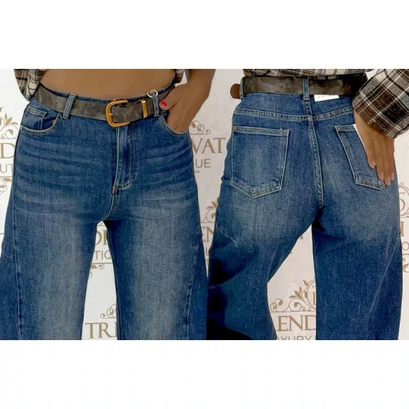 Magas derekú lezser női farmer nadrág – koptatott kék loose fit fazonú nadrág övvl "Q1356-H" - XS