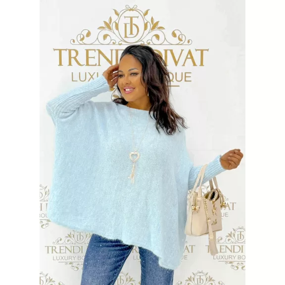 Oversize női kötött denevérujjú pulóver nyaklánccal – kék Oversize női kötött denevérujjú pulóver nyaklánccal – kék