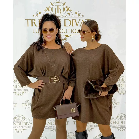 Anyagában csillámos denevérujjú oversize kötött tunika - csokibarna Anyagában csillámos denevérujjú oversize kötött tunika - csokibarna