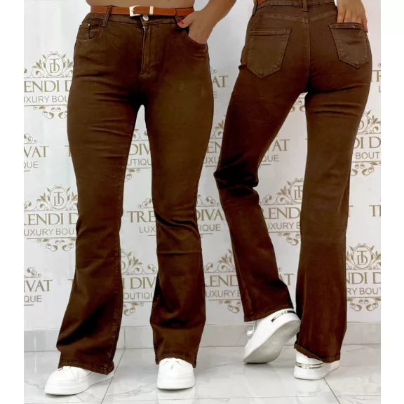Barna magas derekú női trapéz farmernadrág – elegáns bootcut nadrág övvel "J3215-60" - S