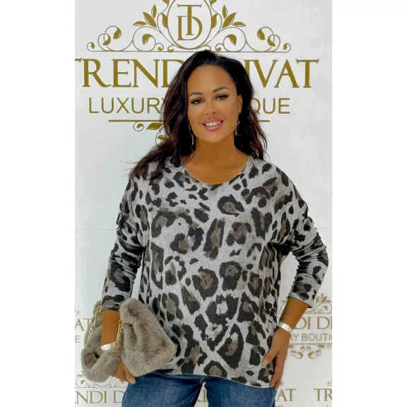 Leopárdmintás oversize denevérujjú női felső – szürke Leopárdmintás oversize denevérujjú női felső – szürke