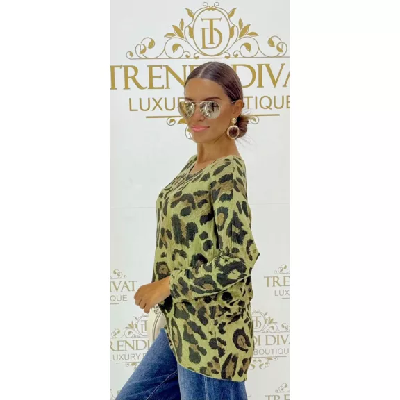 Leopárdmintás oversize denevérujjú női felső – Zöld Leopárdmintás oversize denevérujjú női felső – Zöld