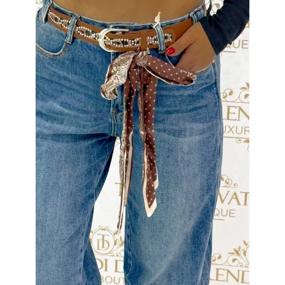 Kék magas derekú női farmernadrág – koptatott mom jeans selyemkendős övvel "BG1721-H" - XL
