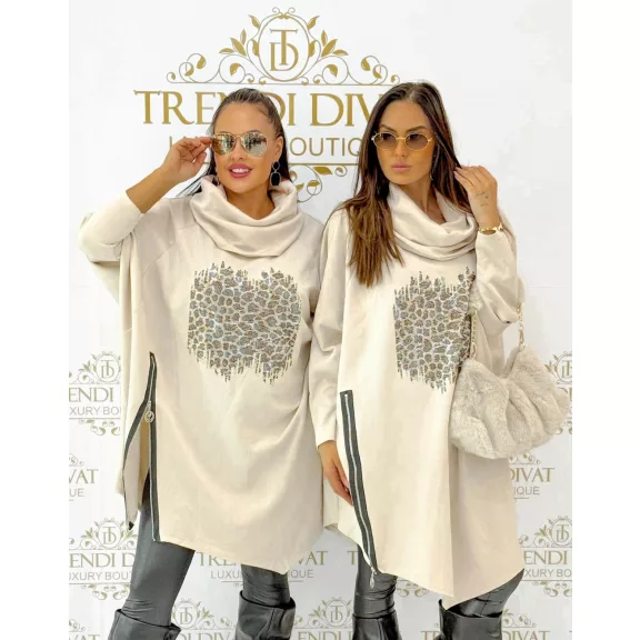 Leopárdmintás strasszos női oversize sálgalléros tunika - Bézs Leopárdmintás strasszos női oversize sálgalléros tunika - Bézs