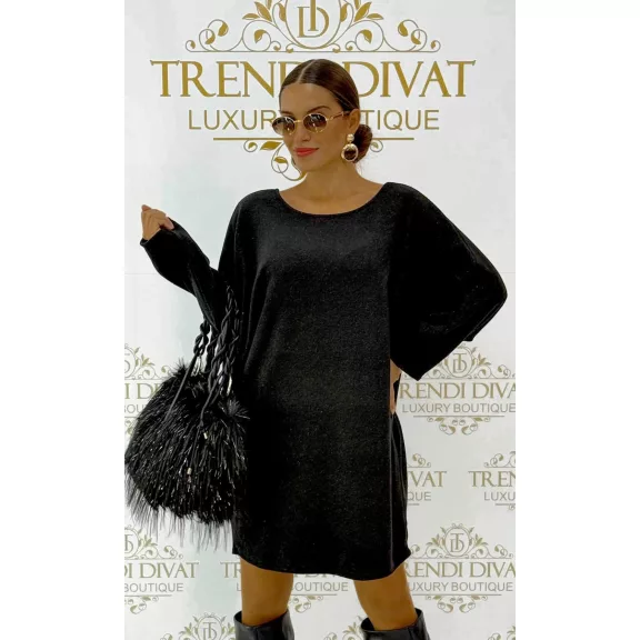Anyagában csillámos denevérujjú oversize kötött tunika - fekete Anyagában csillámos denevérujjú oversize kötött tunika - fekete