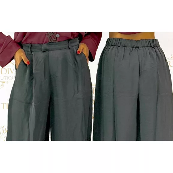Szatén anyagú, elegáns fazonú, szára összegombolható nadrág - L/XL - Fekete
