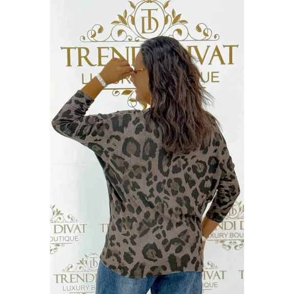 Leopárdmintás oversize denevérujjú női felső – Sötétbarna Leopárdmintás oversize denevérujjú női felső – Sötétbarna