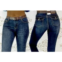   Testhezálló női slim fit farmernadrág különleges hátsó zsebmegoldással, övvel "SZ3636-G" - XS