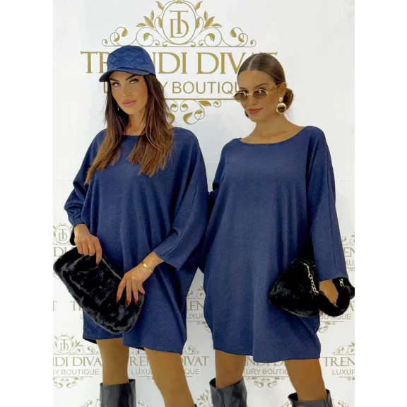 Anyagában csillámos denevérujjú oversize kötött tunika - sötétkék Anyagában csillámos denevérujjú oversize kötött tunika - sötétkék