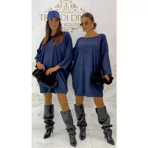 Anyagában csillámos denevérujjú oversize kötött tunika - sötétkék Anyagában csillámos denevérujjú oversize kötött tunika - sötétkék
