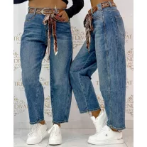   Kék magas derekú női farmernadrág – koptatott mom jeans selyemkendős övvel "BG1721-H" - XS