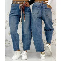   Kék magas derekú női farmernadrág – koptatott mom jeans selyemkendős övvel "BG1721-H" - XS