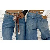   Kék magas derekú női farmernadrág – koptatott mom jeans selyemkendős övvel "BG1721-H" - XS