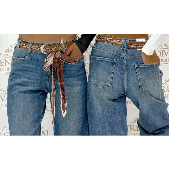 Kék magas derekú női farmernadrág – koptatott mom jeans selyemkendős övvel "BG1721-H" - XS